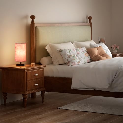 Image of Fenmzee Small Table Lamp for Bedroom - Inline Control, Bedside Lamp with 3000K A15 LED Blub, Easy Assembly (Pink Shade - Black Base, 9 inch Inline Control)