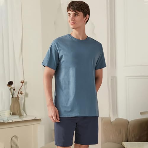 Qianxiu Men's Pajama Set Lounge Sleep Sets Men Classic Short Sleeve Sleepwear and Shorts Pjs Set with Pocket3