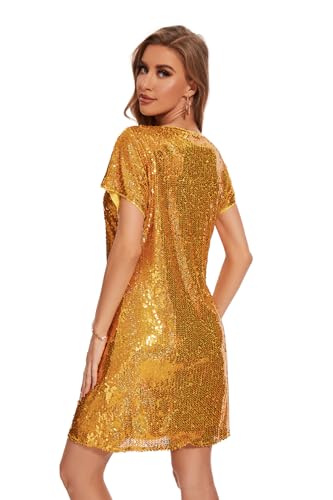 Image of Women's Crewneck Sequin Shift Dress Short Sleeve Casual Holiday Sparkly Party Dress