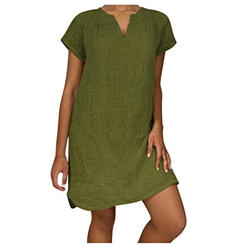 Giulot Women Plus Size Casual Summer Mini Dress Short Sleeve Cotton Linen T Shirt Dress with Pockets V Neck Loose Tunic Dress Army Green