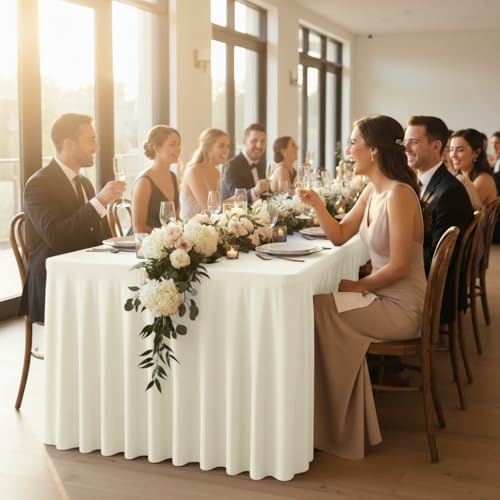 Image of HolidayIdeas 6ft Spandex Table Skirts for Desert Table Fitted Stretch Tablecloth 30x72 Inch, Ruffle Design Wrinkle-Free Spandex Tablecloth for Parties, Weddings, Banquets Events, Beige,2 Pack