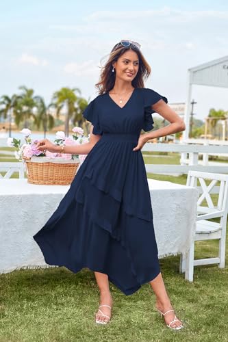 GRACE KARIN Damen Sommerkleid Lässig Rüschen Ärmel V-Ausschnitt Elastische Taille A-Linie Kleid – Bild 5