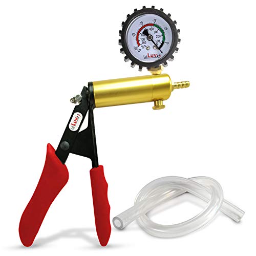 LeLuv Ultima Red Vacuum Pump - Aluminum Alloy &amp; Brass Handle Manual Hand Vacuum (0-30 Hg, 0-760 mmHg), Gauge Installed with Protective Rubber Cover, Silicone Padded Grips with Clear Hose
