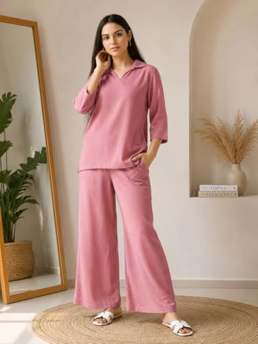 Image of Women's Co Ord Set for Women - Relaxed Fit Collared Top with 3 /4 Sleeves & Wide Leg Palazzo Pants, Casual Lounge Wear Matching Outfit for Daily Wear, Travel & Office