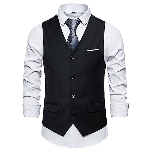 Duohropke Chaleco de traje de negocios para hombre chaleco de negocios ocio boda chaleco cuello en v sin mangas chaqueta estrecha chaleco, 05 negro., 3XL