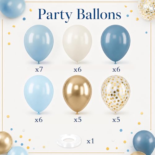 Image of HILAVO Dusty Blue Balloons 12 Inch Pastel Fog Blue Slate White Sand Metallic Gold Confetti Party Balloons Light Baby Blue White Gold Latex Balloon for Boy Baby Shower Birthday Wedding Party Decoration