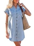 CUPSHE Damen Sommerkleid Denim Kurzarm V Ausschnitt Jeanskleid Knopfleiste Brusttaschen Freizeitkleid Tunika Minikleid