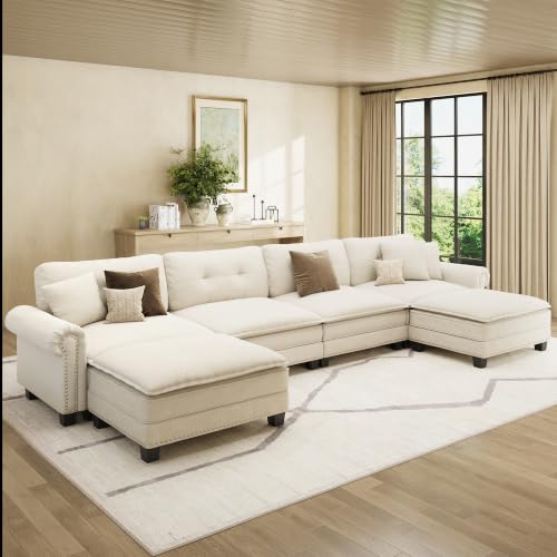 Image of HERA'S HOUSE 150 inch Oversized U Shaped Modular Sectional Couch Living Room | Mid-Century Modern 6-Seater Cloud Sofa, Beige, Rolled Arms & Nailhead Trim, Wider & Deeper Seats, Ottoman, Linen