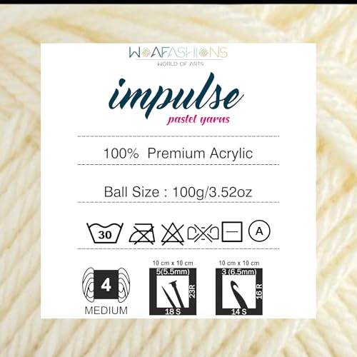 Image of Impulse Hand Knitting & Crochet Yarn, Premium Acrylic, 4 : Medium (Cream) (4x100gms / 14.1oz)