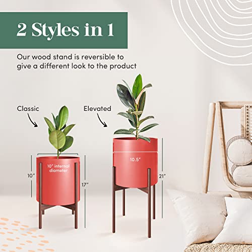 Mid Century Plant Stand With Pot Included - 10 inch Planter with Stand for Indoor Plants & Flowers - Large Ceramic Planters - Wood Legs, Modern, Tall Floor Wooden Snake Plant Pot Stand Holder - Red