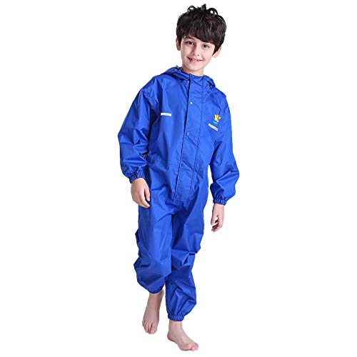 TOPTIE Toddler and Kids One Piece Outdoor Rainsuit Waterproof Coverall with Hood-Blue-L