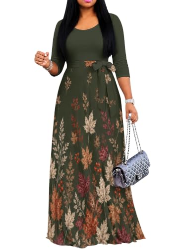 Image of PinkPatty Women's Plus Size Maxi Dresses Casual Flowy 3 /4 Sleeves Dress Printed Vacation Dress for Daily Wear with Belt