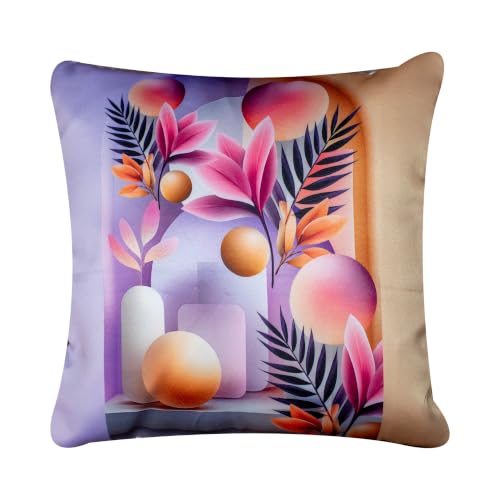 Image of Decorative Printed Satin Cushion Covers Set of 5, 24 Inch x 24 Inch, Sofa Cushion Pillow Cover, Lavender, Pink, Peach, Floral and Abstract Design, Zipper Closure (Flora Vista, 24X24 Inches)