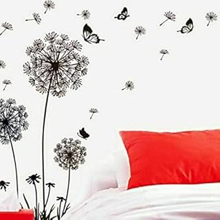 ADL Dandelion Wall Stickers - Living Room Butterfly Flower Wall Stickers for Bedrooms for Girls - Plant Wall Art Stickers - Wall Decal Adults Baby Nursery Room Wall Decor (Black)