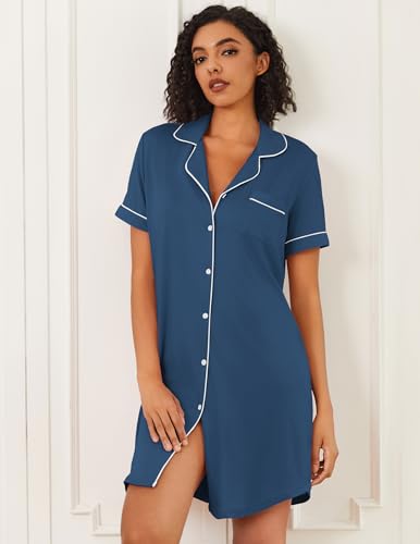 Image of Ekouaer Nightgowns for Women Bamboo Viscose Sleep Shirts Button Down Night Shirt Short Sleeve Boyfriend Pajama Dress