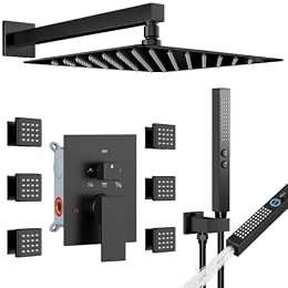 Matte Black Shower System with Body Jets, STARBATH 12 Inch Rainfall Shower and Handheld Spray, Wall Mounted Full Body Shower System Rough-in Mixer Pressure Balance Valve Shower Faucet Set Complete