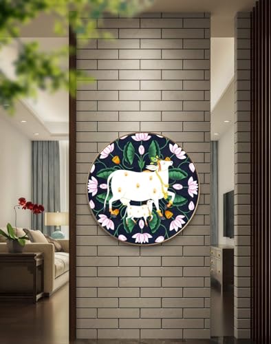 Image of SAF Large Round Pichwai Cow Wall Painting with golden frame Vinyl Sparkle laminated||Home decor Painting,Living Room, Bedroom,Office Room Decor - Painting for Wall Decoration GRL-07A