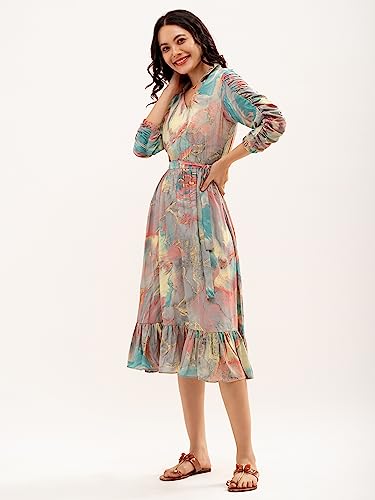 Image of AASK Abstract Printed Puff Sleeve Gathered Detailed Fit Flare Dress