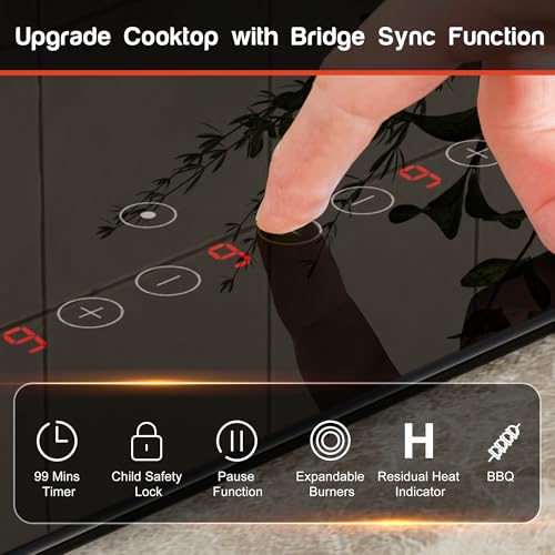 Image of Karinear 36 Inch Electric Cooktop, 5 Burners Electric Stove Top, Drop-in | Flexible Bridge &Triple Ring Expandable Burners, Pause, Timer, Child Lock, 9600W, Built-in Ceramic Cooktop 220-240V HardWired