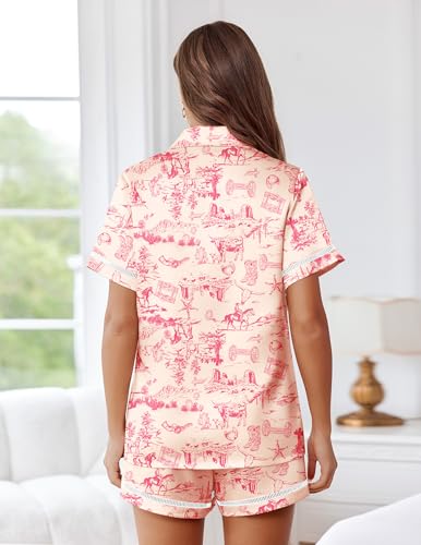 Image of Ekouaer Womens Silk Pajama Sets Button Up Satin Pjs Short Sleeve 2 Piece Pj Sets Cute Lounge Sets with Chest Pocket