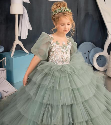 Flower Girl Dress Lace Appliques Princess Tulle Pageant Dress Ruffles Long Flower Girl Dresses2