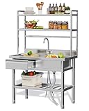 JFHID Stainless Steel Utility Sink with Shelves, Free Standing Single Bowl Commercial Kitchen Sinks with Drawer & Water Pipes, Stainless Steel Prep Table Countertop Workbench for Home Restaurant