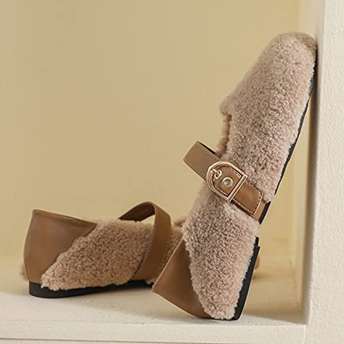 JOEupin Women's Slip On Fuzzy Mary Jane Flats Warm Loafers House Slippers Home Ballet Flats4