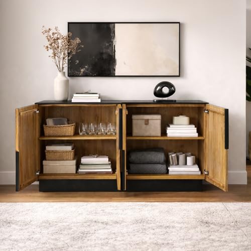 Image of The Attic Georgia Sideboard Large|Multipurpose Cabinet for Kitchen and Living Room Storage|Crockery Storage|Solid Mango Wood|Black + Natural Matte Finish