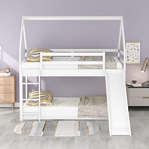 Sohusphome Twin Size Bunk Bed With Slide And Ladder, Bed Frame With Full-Length Guardrail, Space-Saving Design, Built-In Ladder & Solid Slat Support For Kids Teens Bedroom, No Box Spring Needed, White #TOP1