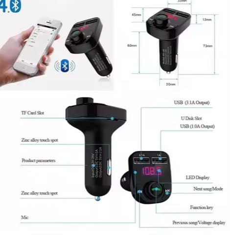 Image of Car Charger, Bluetooth FM Transmitter & Music Adapter, 4.1A Dual USB Port Charger Compatible with Apple iPhone, Samsung Galaxy, XIAOMI, Huawei etc