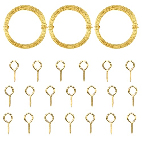 Image of Picture Hanging Kit - 3 Rolls 3M Brass Wires with 20Pcs Eye Hooks, Heavy Duty Hanging Accessories for Pictures Canvas Mirrors Artwork(Gold)