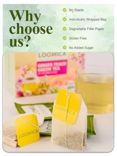 Image of LOOMICA Ginger Peach Green Tea, Caffeinated, Pastoral & Spicy Soothing Blend with Green Tea, Ginger, and Juicy Peach Flavor, Individually Wrapped Bags, 20 Counts