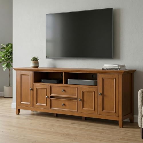 Image of SIMPLIHOME Amherst 72 inch Wide Solid Wood TV Stand in Light Golden Brown