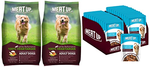 Image of Meat Up 100% Veg Adult Dry Dog Food, 3kg (Buy 1 Get 1 Free) & Wet Dog Food, Real Chicken and Chicken Liver in Gravy, 12 Pouches (12 x 70g) - Buy 1 Get 1 Free