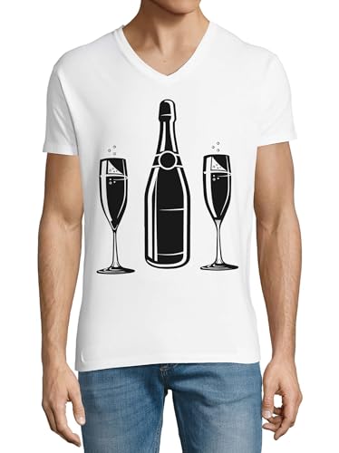 T-shirt col en V coton homme blanc motif vin champagne tendance