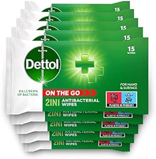 Dettol 2 in 1 Antibacterial Wipes, 135 Wipes (15 Wipes, 9 Packs)