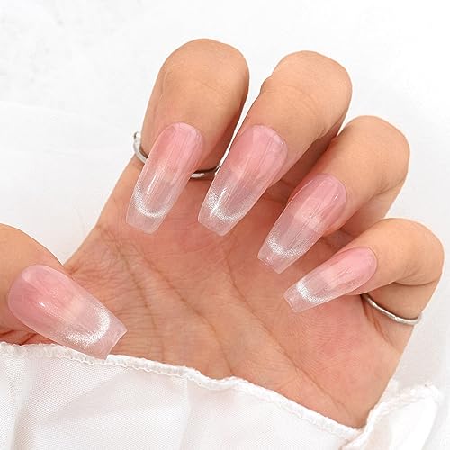 Sethexy French Long Coffin Pink False Nails Handmade Simple Glossy Fake Nails Glitter Acrylic Press On Nails Sparkle Salon Quality Nail Art Removable for Women and Girls (Z) - Image 2