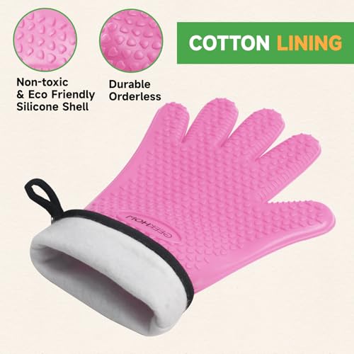 Image of GEEKHOM BBQ Gloves Heat Resistant Oven Mitts - Silicone Grilling Gloves with 13.7 inch Arm Protection - Waterproof Pot Holder Non-Slip for Men & Women, Kitchen Outdoor Cooking, Baking, Camping, Pink