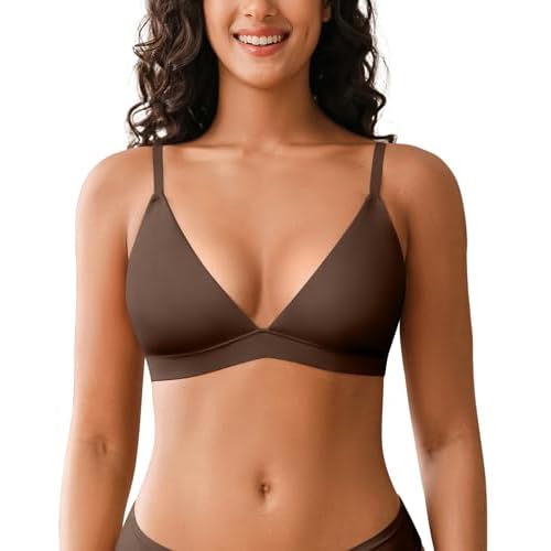Seamless Wireless Bra for Women Unlined Unpadded Bralette with Nipple Covers Comfort Cami Top Bra Breathable Smooth Bras V Neck-coffee Large