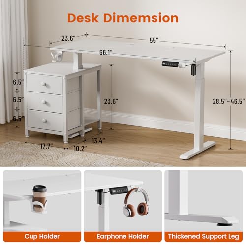 Image of REAHOME Electric Standing Desk with Drawers, 55 x 24 Inches Height Adjustable Sit Stand Desk with Storage, 3 Memory Preset Home Office Computer Desk, Printer Cabinet, 2 Hooks, Cable Management, White