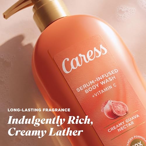 Image of Caress Creamy Guava Nectar Moisturizing Body Wash with Pump, Serum-Infused Formula with Vitamin C, Fruity Citrus Woody Long Lasting Fragrance, Dermatologist Tested, 20 fl oz (4 Pack)