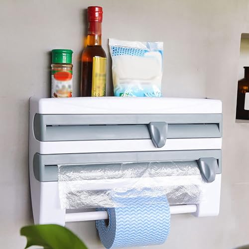 Plastic Wrap Dispenser with Cutter for Aluminum Foil Cling Film Kitchen Paper Towel Holder Wall Mount Wrap Organizer with Cutter Plastic Wrap and Aluminum Foil Dispenser(Gray Blue) by HERCHR - Image 2