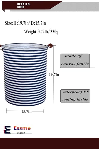 Image of ESSME Laundry Hamper,Blue laundry basket,Collapsible with Waterproof PE Coating,Canvas Fabric Nursery Hamper for Room Decor,(Navy Blue stripes)