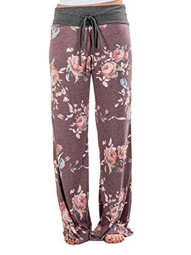 Image of iChunhua Women's Comfy Stretch Floral Print Drawstring Palazzo Wide Leg Lounge Pant