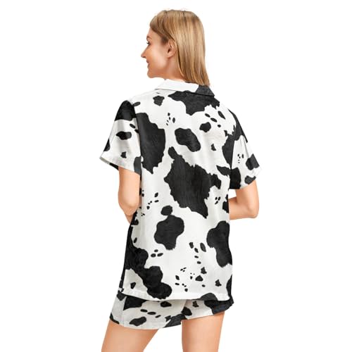 Image of Funny Pajamas for Women Set Print Satin Loungewear Pjs Short Sleeve Button Down Top and Shorts Sets Sleepwear XS-3XL
