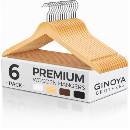 Image of GINOYA BROTHERS Wooden Suit Hangers with Non Slip Pants Bar - Smooth Finish Solid Wood Coat Hanger for Camisole, Jacket, Pant, Dress Clothes Hangers (Beige: 6)