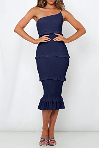 Image of PRETTYGARDEN Women's Summer Midi Bodycon Dresses One Shoulder Strappy Tiered Ruffle Floral Boho Sun Dress