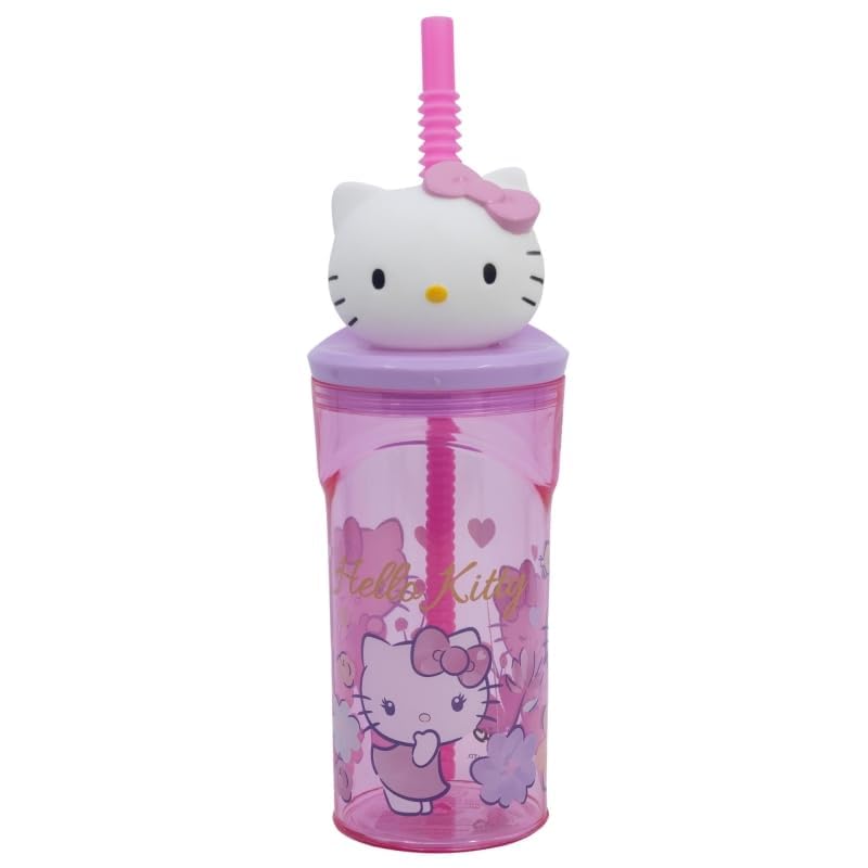 SRV Hub Hello Kitty 3D Kids Tumbler 360ml – BPA-Free Plastic Cup with Flexible Straw – Cute Cartoon Drinking Bottle for Girls – Reusable Travel Cup for School, Lunchbox & Parties