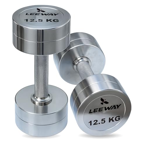 Image of Leeway Steel Dumbbell Set 12.5 Kg x 2 | Chrome Dumbbells for Home Gym | Rust-Resistant Non-Slip Grip | Strength Training Metal Dumbbell Set | Iron Dumbell | Round Dumble | (12.5kg X 2 = 25kg Chrome)