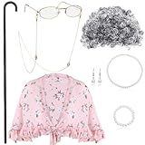 BBTO Old Lady Costume Granny Wig Grandma Shawl Grandma Cane Frame Glasses with Chain Faux Pearl Necklace Bracelet Earrings (Retro, Curly Hair)